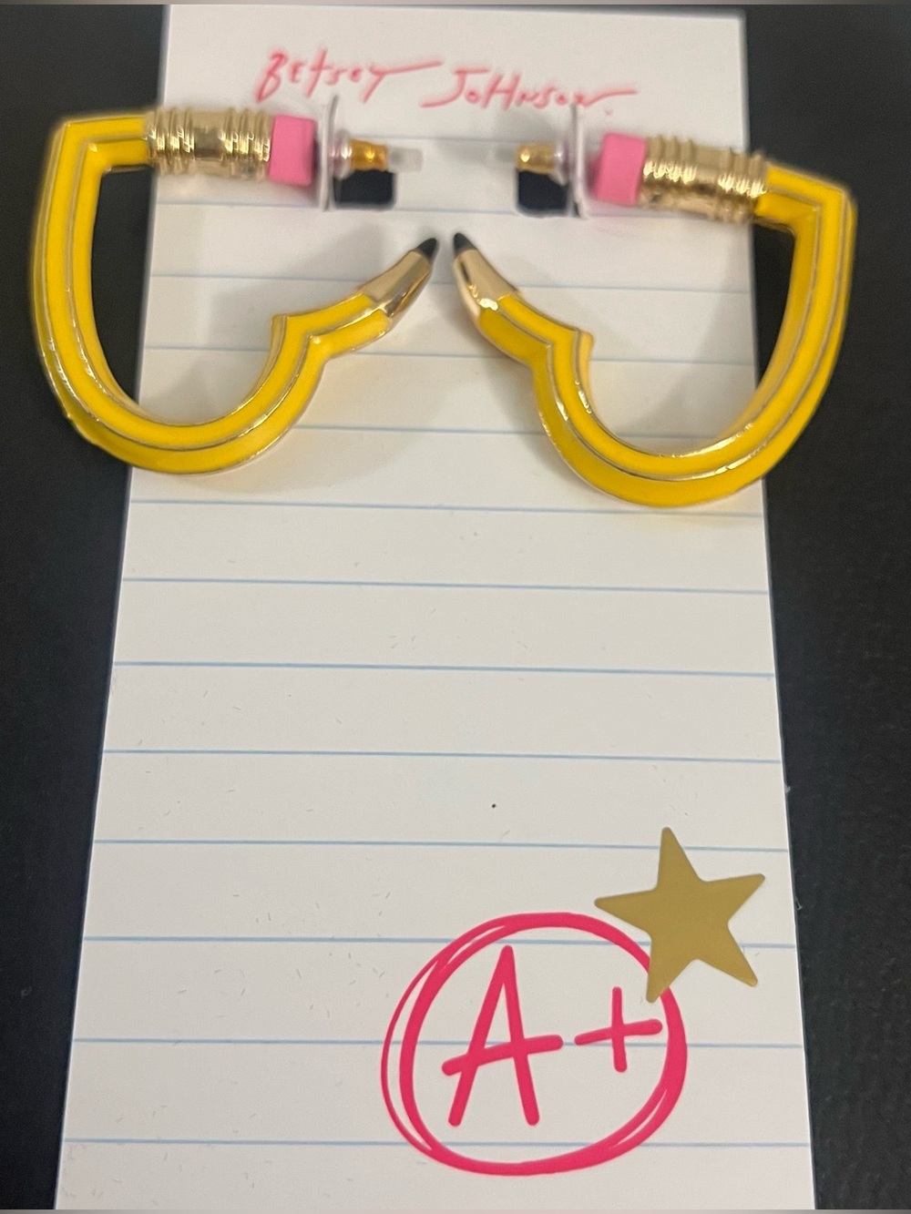 Betsey Johnson Yellow Pencil Heart Hoop Earrings with Pink Eraser - Picture 15 of 16